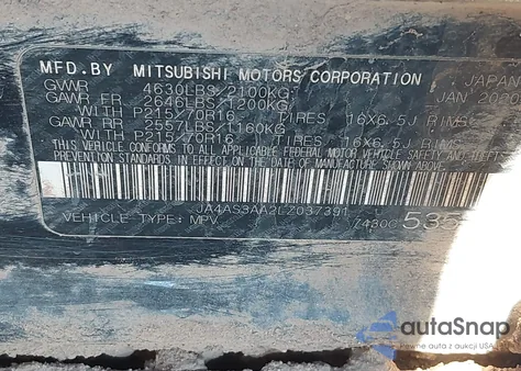 2020 Mitsubishi Eclipse Cross Es 1.5T из США, поврежденный, VIN JA4AS3AA2LZ037391